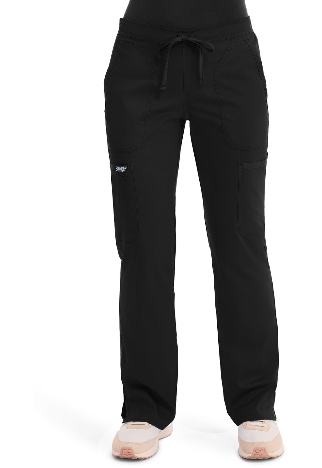 Cherokee Mid Rise Moderate Flare Drawstring Pant in Black WW120