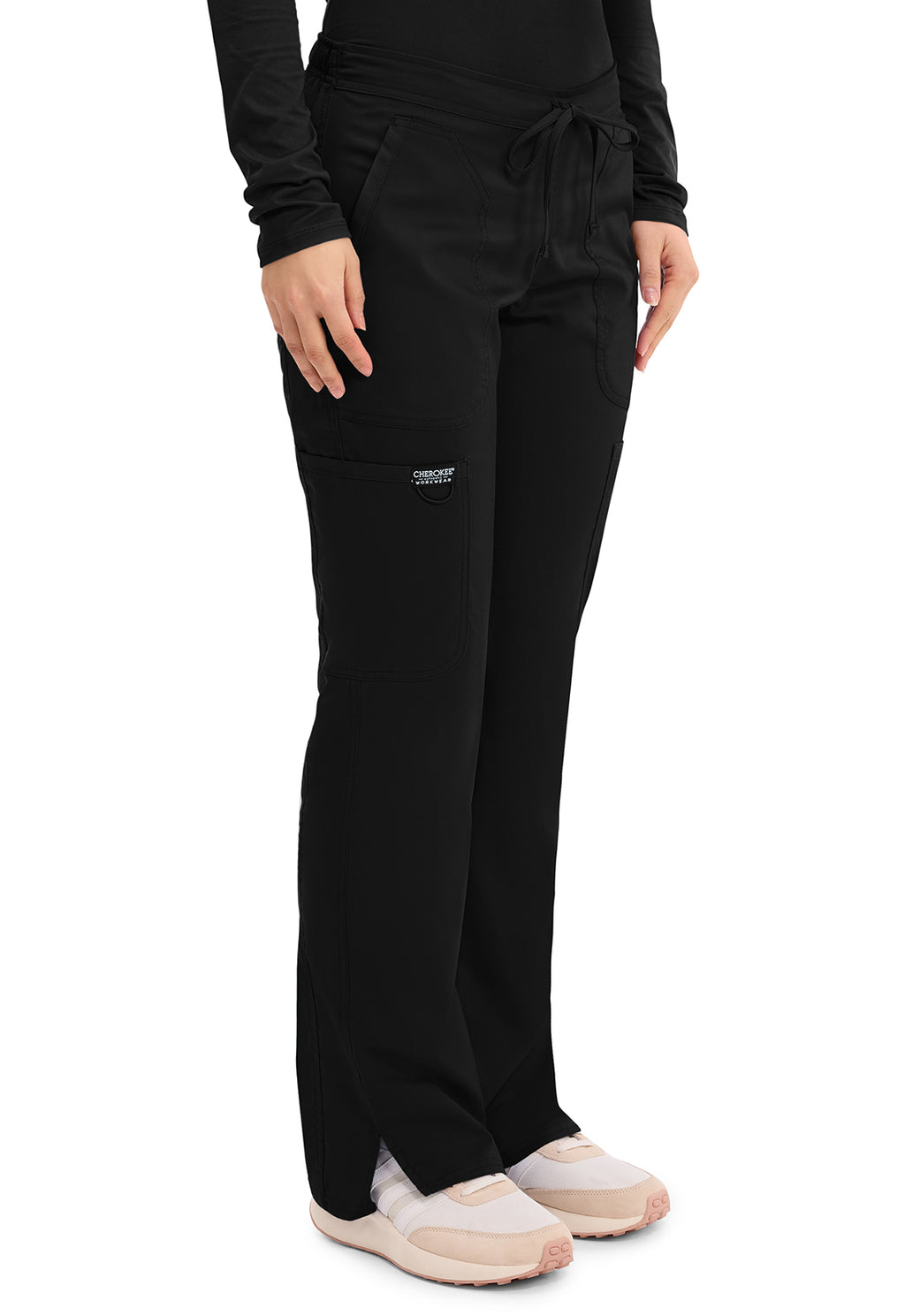 Cherokee Mid Rise Moderate Flare Drawstring Pant in Black WW120