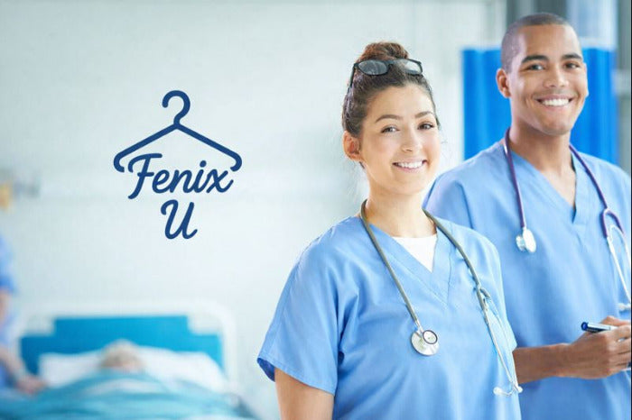 Two healthcare professionals in blue scrubs with 'Fenix U' logo in the corner.